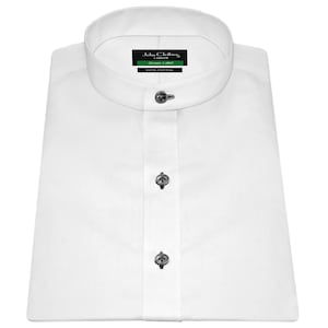 Men&#39;s Grandad China Collar White Shirt 100% Cotton with Black Buttons Tuxedo Band Style Wedding Reception Outfit