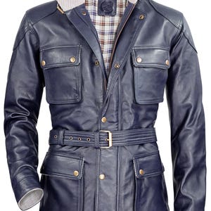 Veste militaire vintage en cuir d'agneau véritable pour homme, style panthère, bleu marine, 4 poches, nappa fait main