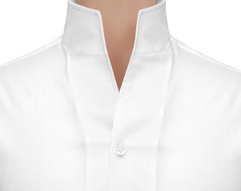 Chemise blanche à col haut en coton égyptien fait main pour hommes, tenue ouverte sans bouton, col en V rigide, tenue de marié