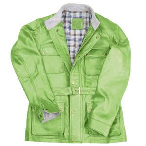 Men&#39;s Panther Inspired Sheepskin Leather Jacket Vintage Wax Pista Green Genuine Handmade Military 4 Pockets Belted Waist Nappa Coat