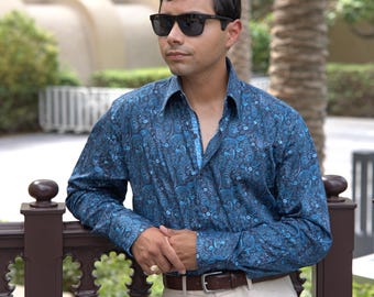 Chemise cachemire bleue vintage avec col haut pour hommes, robe de soirée chic décontractée pour dîner
