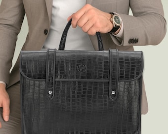 Document Folder iPad Music Messenger Bag Croco Embossed Black Genuine Leather Everyday Laptop Vintage Satchel