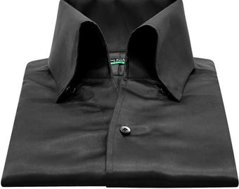 Handmade Black Satin Dress Shirt, High Open Collar, Wedding Partywear