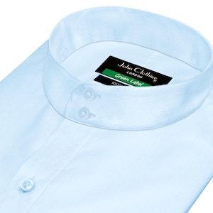 Men&#39;s Sky Blue Grandad Collar Cotton Shirt: Handmade Formal Preppy Style