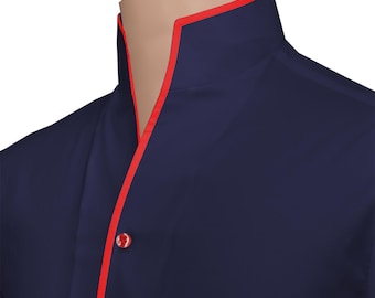Camisa azul marino de cuello alto para hombre: ribete rojo, algodón egipcio