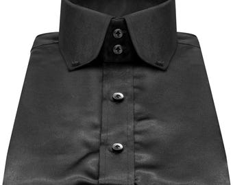 Men's Black Glossy Satin Shirt High Button Down Collar Luxury Cocktail Party Fashion Dress