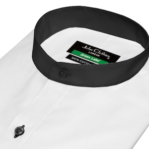 Men&#39;s Banded Grandad China Collar White Shirt 100% Cotton with Black Collar Cuff and Black Buttons Tuxedo Style Wedding Reception Outfit