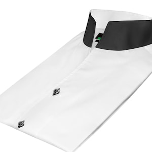 White High Open collar Cotton Shirt with contrast black collar black buttons High Band V Buttonless collar preppy formal shirt