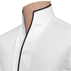 Karl Lagerfeld Style Men&#39;s White Shirt Black Piping High Open One Piece Collar Vintage Band China Collar Shirt Modern Wedding & Party Wear