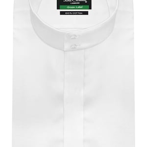 Camicia bianca da uomo con colletto a fascia, collo alto, stile mandarino cinese, colletto girocollo, 2 bottoni, abbottonatura nascosta, maniche lunghe, realizzata su misura.