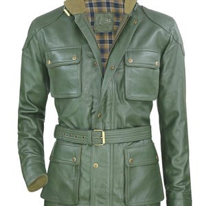 Men&#39;s Handmade Dark Green Panther Style Leather Jacket Genuine Lambskin Military Belted Waist Nappa Motorcycle Outerwear