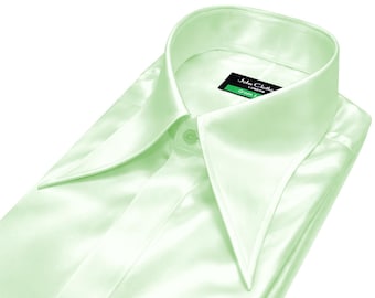 Men's Custom Made Retro Dress Shirt Mint Green Silky Satin Extra Long Pointed Spread Wide Collar Hidden Placket Stage Performance Outfit
