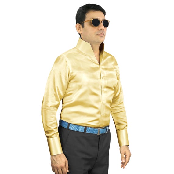 slim fit dress slacks Gold Satin Regular Fit French Cuff Dress Shirt, Tie & Hanky Set main image 0