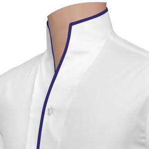 Mens White Shirt Navy Blue Piping High Open V Neck Collar Tall Neck 3&#39;&#39; Band Party Wear Dress Stiff Standup Celebrity Style Big Collar Shirt