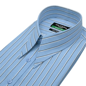 May include: A light blue long-sleeve shirt with a pattern of thin white and dark stripes. The shirt features a pointed collar and a black label inside the neck that reads John Clothier London Green Label 100% Cotton. It has light blue buttons.