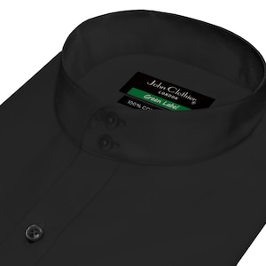 Mens Grandfather Evening Party Black Dress Shirt Preppy Style High Band China Mandarin Collar 2 Buttons Vintage Korean Collar Birthday Shirt