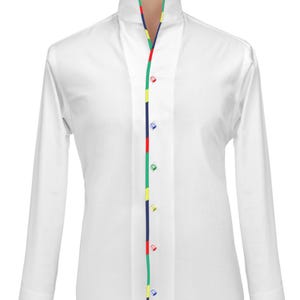 Men's Tall Neck White Cotton Shirt Colorful Piping High Open Collar Buttonless Band Stiff Neck Celebrity Style Formal Wedding Designer Shirt