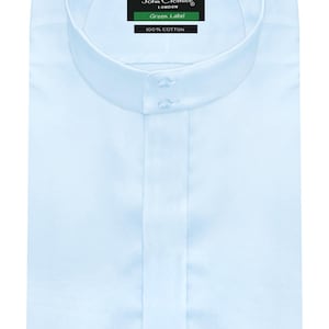 Men&#39;s Formal Business Tall Neck Dress Shirt Sky Blue Cotton Hidden Placket High Band China Mandarin Grandad Collar 2 Buttons Korean Style