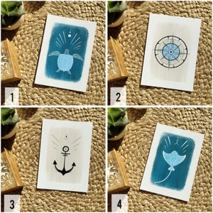 Set of ecological postcards, sea postcard, marine animal postcard, shell postcard, seahorse, wave, anchor
