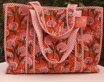 Tote Bags. Block printed, quilted cotton. Floral kantha bag. Indian style