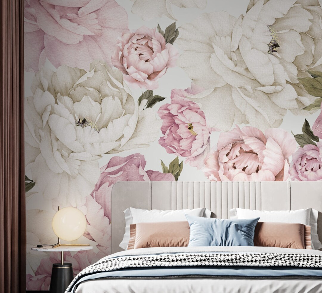 Peony Flowers and Pink Roses Wallpaper, Romantic Wall Decor , Peel and ...
