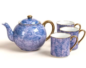 Zestaw do herbaty Herman Dodge z lat 70., porcelana marmurowa, lawendowo-złota, wysokość 15 cm, Japonia