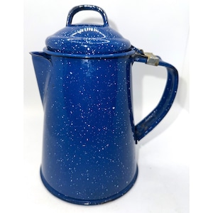 Vintage Blue Speckled Enamel Coffee Pot Hinged Lid 6" Rustic Camping Style