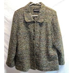 May include: A long-sleeve jacket featuring a textured, multi-colored tweed fabric in shades of green, brown, and blue. The jacket has a classic collar, a front button closure with five dark buttons, and a label reading Sag Harbor Sport.