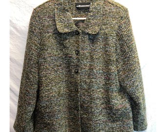 Vestido Sag Harbor, jaqueta multicolorida em tweed com botões frontais, tamanho 16, em mistura de acrílico.
