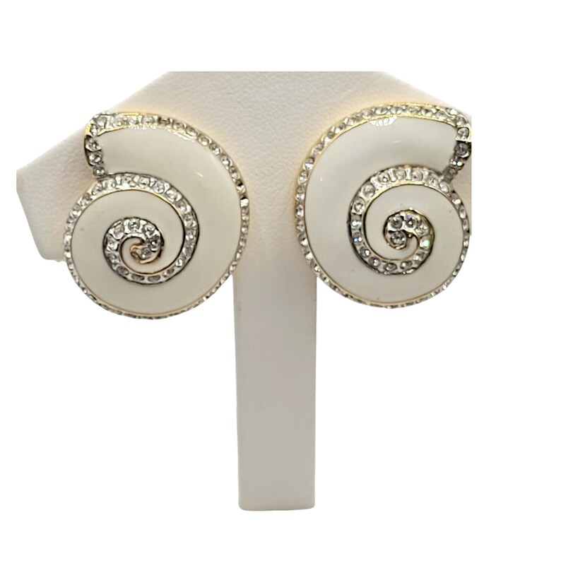 New Vintage Signed FAC, Svarovski Austrian Crystals ,white and gold Swirl Shell Clip-on Earrings. image 2