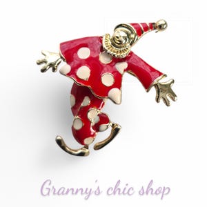 Articulated / clown Red Enamel  Rhinestone Court Jester Clown Brooch pinGift under ten dollars