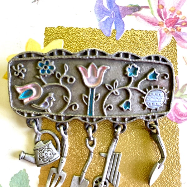 Signed J.j. Fun Gardeners brooch with hand fork, watering Can, Wheel barrow and spade