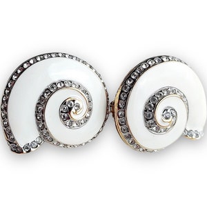 New Vintage Signed FAC, Svarovski Austrian Crystals ,white and gold Swirl Shell Clip-on Earrings. image 1