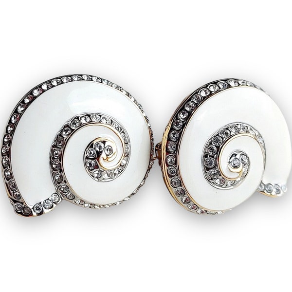 New Vintage Signed FAC, Svarovski Austrian Crystals ,white and gold Swirl Shell Clip-on Earrings.