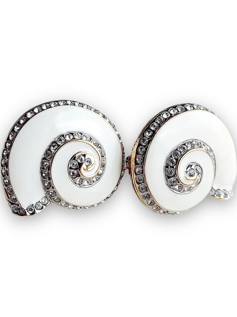 New Vintage Signed FAC, Svarovski Austrian Crystals ,white and gold Swirl Shell Clip-on Earrings. image 1