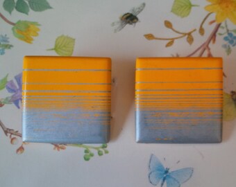 Very Striking 80's Geometrical earrings with yellow and grey colouring, clip ons