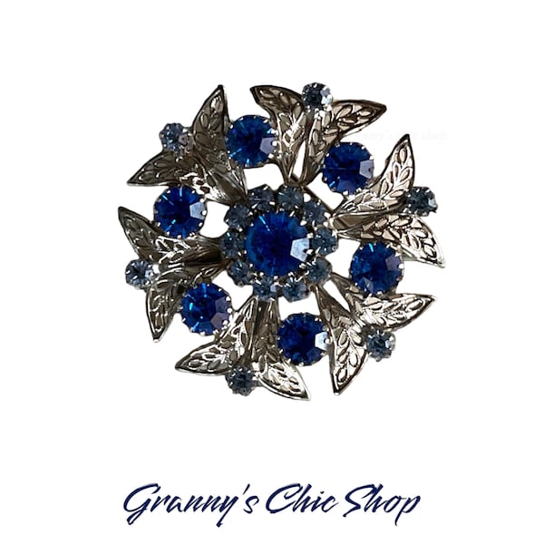 1950"s  signed "Celebrity" NY Maltese Cross style  sapphire sapphire blue rhinestone brooch  silver-tone.