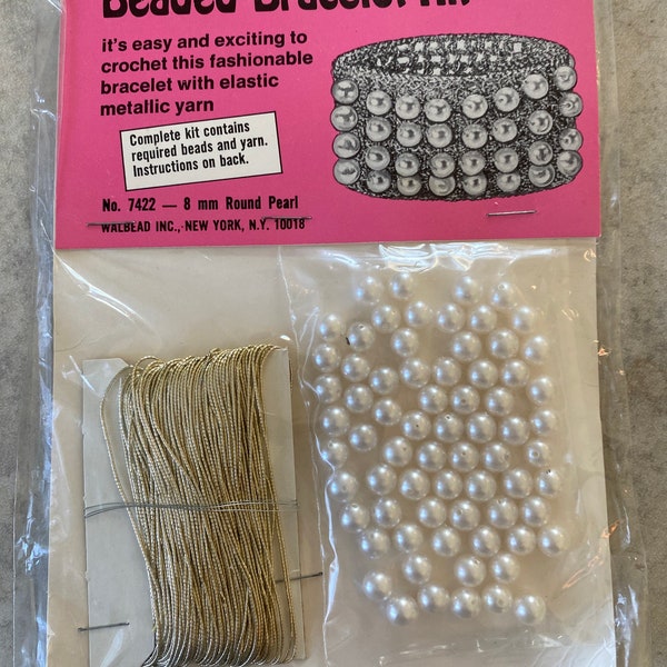 Retro 70s crochet bracelet kit including beads and yarn.DIY KIT Boho style pearl beads  pattern - craft supply kit -