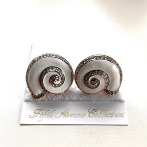 New Vintage Signed FAC, Svarovski Austrian Crystals ,white and gold Swirl Shell Clip-on Earrings. image 3