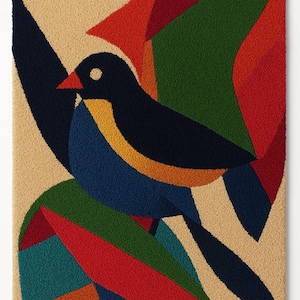 Handmade Bird Tufted Wool Rug: Colorful Abstract Design