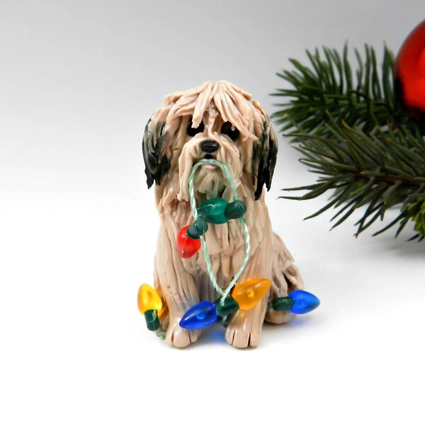 Lhasa Apso Gold Sable Christmas Ornament Figurine Porcelain Clay Lights