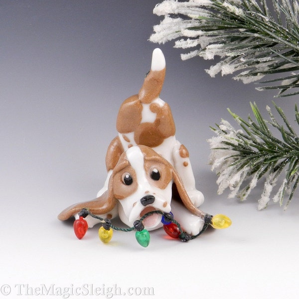 Basset Hound Ornament playing Christmas lights Porcelain