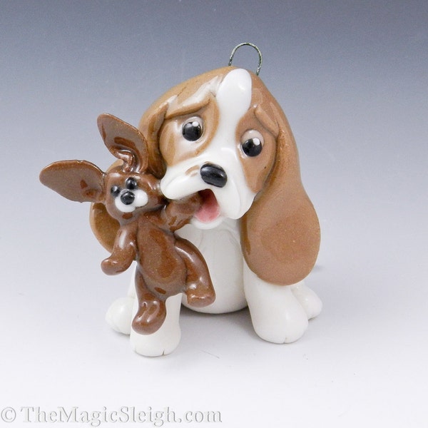 Basset Hound Ornament with Bunny Toy Porcelain Sculpture