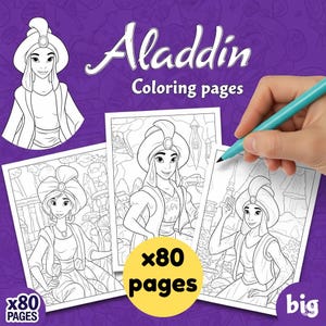 Aladdin Coloring Pages - Printable Disney Inspired Kids Activity - Instant Download Princess Jasmine Genie Jafar Magic Carpet
