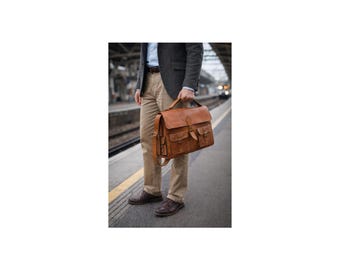 Handmade Moroccan Leather Messenger Bag, Vintage Brown Laptop Shoulder Bag