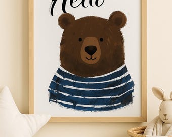 Hello Bear Nursery Print – Cute Woodland Animal Wall Art for Baby Room, Scandinavian Kids Decor, Forest Themed Poster, Digital Download