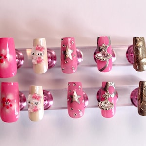 Handgemachte Presse auf den Nägeln, Y2k Presse auf den Nägeln, Instagram Nägel, 3d Presse auf den Nägeln, Rosa Presse auf den Nägeln