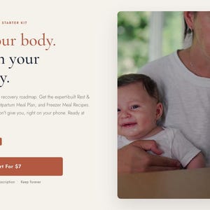 Può includere: Un annuncio digitale per The Fourth Trimester Starter Kit con il testo Prep your body. Nourish your recovery. The complete postpartum recovery roadmap. Get the expert-built Rest & Recovery Course, the Postpartum Meal Plan, and Freezer Meal Recipes. Everything the hospital won't give you, right on your phone. Ready at 3am. Start For $7.