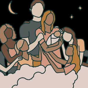 May include: Illustration of a diverse group of people gathered together, with a baby being held in the center. The figures are outlined in brown against a black background, with a crescent moon and stars in the sky. The group is standing on a cloud.