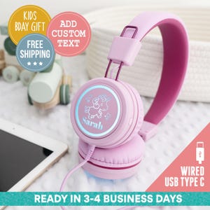 Custom LED-Backlit USB-C Kids Headphones (Pink) | Back to School, Birthday Gift, Personalized Name, Custom Kids Gift for Boy Girl, Type-C